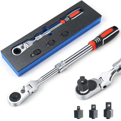 Extendable Ratchet Wrench Set, 72-Tooth Long Socket Wrench Ratchet with 1/4" 3/8" 1/2" Socket Drive Adapat, 180° Flex-Head Ratcheting Set with Soft Grip Handle for Men Mechanic Hand Tools