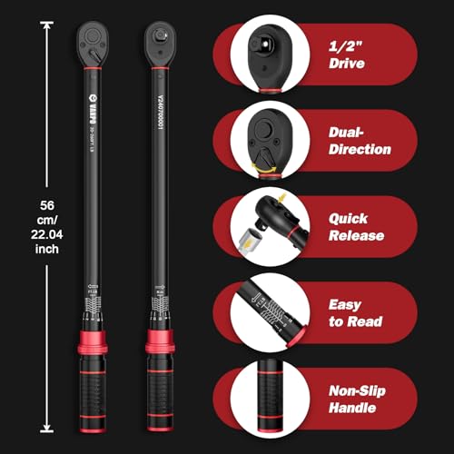 VANPO 1/2-Inch Drive Click Torque Wrench, 20-260 Ft-Lb, for Car & Truck | 27.1-352.3 Nm, 22.04", Dual Direction, 72 Tooth, Adjustment Torque Wrenches with 1/2" to 3/8" Adapter & 125mm Extension Bar - size: 1/2-Inch(20-260 Ft-Lb/27.1-352.3 Nm)