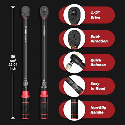 VANPO 1/2-Inch Drive Click Torque Wrench, 20-260 Ft-Lb, for Car & Truck | 27.1-352.3 Nm, 22.04", Dual Direction, 72 Tooth, Adjustment Torque Wrenches with 1/2" to 3/8" Adapter & 125mm Extension Bar - size: 1/2-Inch(20-260 Ft-Lb/27.1-352.3 Nm)