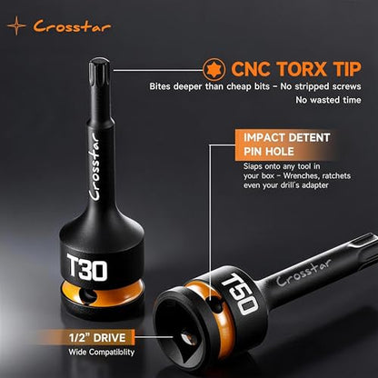 Crosstar 3pc T40 Impact Torx Bit Socket Set, 1/2" Drive Cr-Mo Steel, Long High Impact Star Sockets for Automotive & Heavy-Duty Use, Professional Mechanic Tools with Transparent Case - size: T40 (Long)