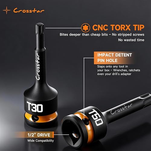 Crosstar 10-Piece Impact Torx Bit Socket Set(T25~T70), 1/2" Drive Cr-Mo Steel, Long High Impact Star Sockets for Automotive & Heavy-Duty Use, Professional Mechanic Tools with Transparent Case - size: T25-T70 (Long)