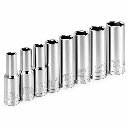 Powerbuilt 8 Piece 1/2 Inch Drive Metric 6 Point Deep Socket Set, Sizes 12mm-23mm, Z-Drive Grips, Chrome Vanadium Steel made - 640055 - size: Metric (Pack of 1), style: 1/2" Drive