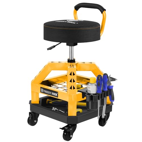 Rolling Shop Stool with Wheels, Heavy Duty Garage Work Mechanic Stool with Backrest, Adjustable Height 360°Swivel Rolling Chair with Tool Tray Storage, 330 LBS Capacity, Yellow - color: D11-yellow