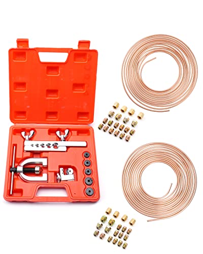 25 ft 3/16" + 1/4" Copper Coated Brake Line Kit (Includes 32 Fittings and 8 Unions)+ Brake Line Double & Single Flaring Tool Kit