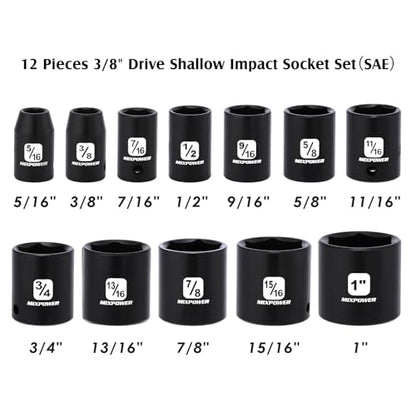 MIXPOWER 12 Pieces 3/8-Inch Drive Shallow Impact Socket Set, 5/16 to 1 inch, CR-V, SAE, 6 Point, Shallow, 12 Pieces 3/8" Dr. Socket - size: 5/16" - 1" (Shallow)
