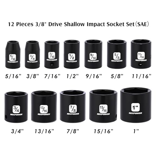 MIXPOWER 12 Pieces 3/8-Inch Drive Shallow Impact Socket Set, 5/16 to 1 inch, CR-V, SAE, 6 Point, Shallow, 12 Pieces 3/8" Dr. Socket - size: 5/16" - 1" (Shallow)