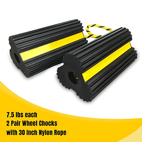 HOXWELL 2 Pair Rubber Heavy Duty Dual Wheel Chocks Front and Back, RV Leveling Blocks Non Slip Base with Nylon Rope Yellow Reflective Tape for Travel Trailers, Car, Camper, Truck (4 Pack)