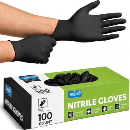 Inspire Black Nitrile Disposable Gloves | 4.5 Nitrile Disposable Safety Medical Cooking Cleaning Gloves - size: XX-Large, style: Black - Box of 100