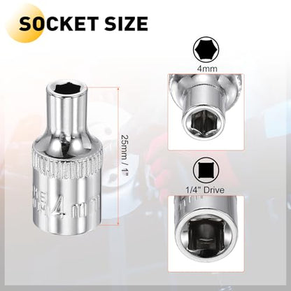HARFINGTON Deep 6-Point Impact Socket 1/4" Drive 4mm Metric Socket 25mm (1") Long with 1/4" Hex Shank Adapter, CR-V Steel Socket Adapter Accessory Tool Set Kit for Hex Bolts Nuts - size: 4mm x 25mm