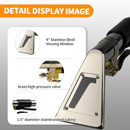Upholstery Carpet Extractor Wand with Viewing Window for Mytee/Shop Vac | 1.5" Stainless Detailing Hand Wand, Brass valve, 1/4" Quick Disconnect, for Car Seats, Mattress, Furniture Stain Cleaning