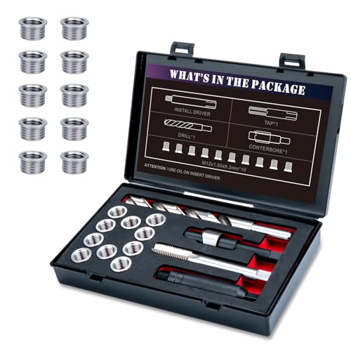 M12X1.5 Thread Repair Kit with Insert HSS Drill, Tap, Counterbore, Installation Driver, Metric, 10PCS Stainless Steel Insert M12X1.5X9.2MM
