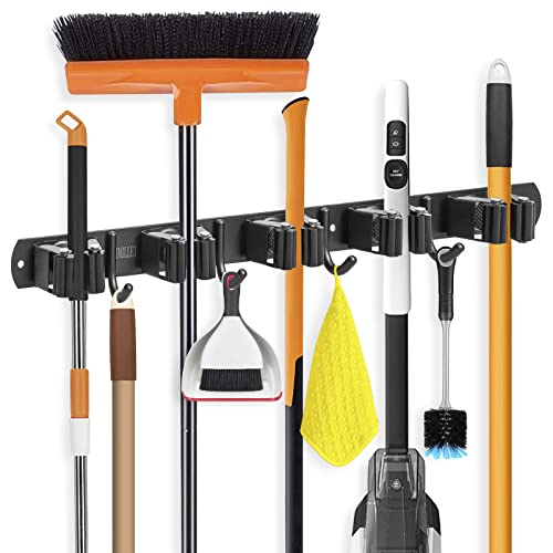 IMILLET Broom Holder Wall Mount, Broom Holder Stainless Steel Heavy Duty Garage Organization Broom Organizer Wall Mount Self Adhesive Laundry Room Organization and Storage（5 Racks and 4 Hooks） - color: 5 Racks with 4 Hooks, size: 1 Pack