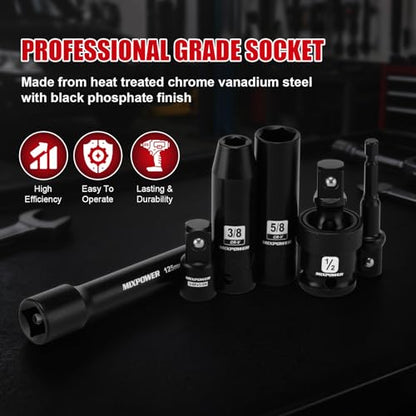 MIXPOWER 25 PCS 1/2” Drive Impact Socket Set, 3/8" to 1-1/2" Deep Socket, 6-Point Hex Socket with Portable Case,SAE,CR-V&CR-MO Steel - size: 25 PCS(3/8"-1-1/2")