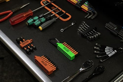 Railer 20pc Impact Driver Bit Set - Premium S2 Steel Screwdriver Bits with Torx, Hex, Phillips, Square & Slotted - Heavy Duty 1/4" Hex Shank Bits with Crushproof Storage Bit Holder & Carabiner Clip - color: Hi-vis Green Bitrail