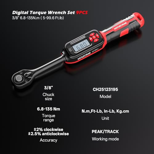 3/8" Digital Torque Wrench With Spark Plug Socket, 5-99.6 Ft.lb | ±2% Accuracy, Bright LED Display, Smart Triple Alert System, Peak & Track Modes, Preset Memory & Multi-Application - size: 3/8" 9pcs-Spark 6.8-135N.m/5-99.6Ft.lb