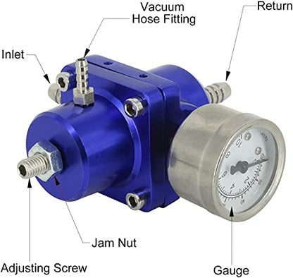 Adjustable Fuel Pressure Regulator with Gauge Hose 0-140 PSI Universal 6AN FPR Kit Aluminum - color: Blue