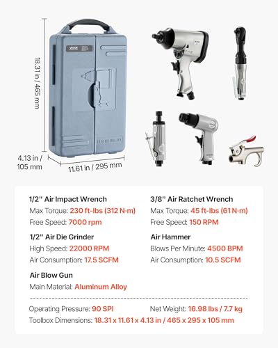 VEVOR 71 Pieces Pro Air Tool and Accessories Kit - 1/2" Air Impact Wrench, 3/8" Ratchet Wrench, 1/2" Die Grinder, 4500BPM Hammer, Blow Gun for Auto Repair, Home DIY Project - Storage Case Included - style: 71 Pieces