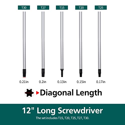 5pcs 12in Magnetic Long Torx Screwdrivers, T15 - T30 (T15,T20,T25,T27,T30)