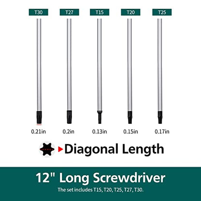 5pcs 12in Magnetic Long Torx Screwdrivers, T15 - T30 (T15,T20,T25,T27,T30)