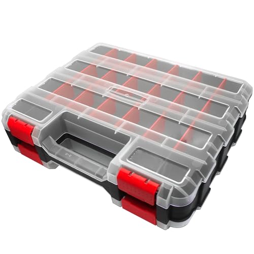 Double Side Tool Box Organizer, Hardware Storage Box, Portable Small Parts Organizer with Removable Plastic Dividers for Screws, Nuts, Nails, Bolts (Red) - color: Red