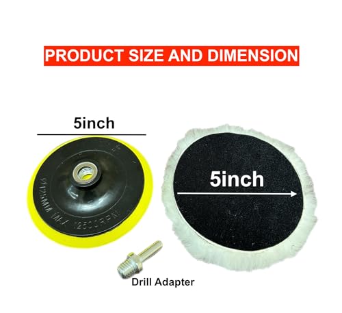 Lambswool Polishing Pads Sheepskin Buffing Pads, 7 Piece Set. Includes 5 Lambs Wool Cutting Pads with Hook, 1 Backing Plate and 1 Drill Attachment - Wool Buffs (5 Inch) - size: 5 Inch