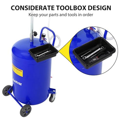 Garvee 20 Gallon Waste Oil Drain Tank, Portable Oil Drain Container, Air Operated Drainer, Fluid Fuel Transfer Drainage, Adjustable Funnel Height with Wheel &15'' Premium Bowl and a Toolbox - size: 20 Gallon- Blue