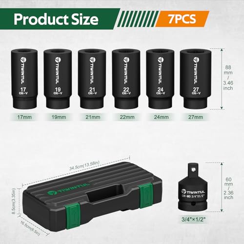 1/2" Drive Crank Bolt Socket Set, 7Pcs Harmonic Balancer Socket | 6-Point Deep Impack Socket, 3 Times Momentum Power of Crank Bolt Removal Tool, 17/19/21/22/24/27mm, 3/4"-1/2" Adapter - size: 7pcs-1/2"