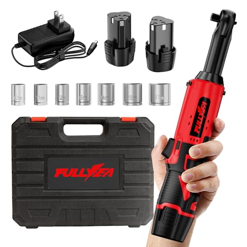 FULLYEA Electric Ratchet Wrench Set, 380 RPM Cordless Ratchet Wrench, 3/8" 12V Power Ratchet Tools with 7 Sockets, LED Light, 2 Packs 2.0Ah Battery and Fast Charger