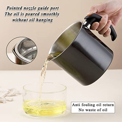 Kyraton Black Bacon Grease Container With Strainer, 48 oz Black Coating Stainless Steel Oil Container, Pot Fat Storage With Lid, Easy Grip Handle Suitable For Storing Frying Oil And Cooking Grease - color: 2. Black