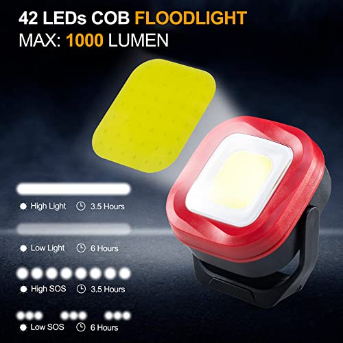 COB LED Work Light, 42 LEDs 1000 Lumens Rechargeable Portable Magnetic Flashlight Inspection Light for Car Repair, Camping, Emergency & Job Site Lighting-2400mAh (1 PCS) - color: Red