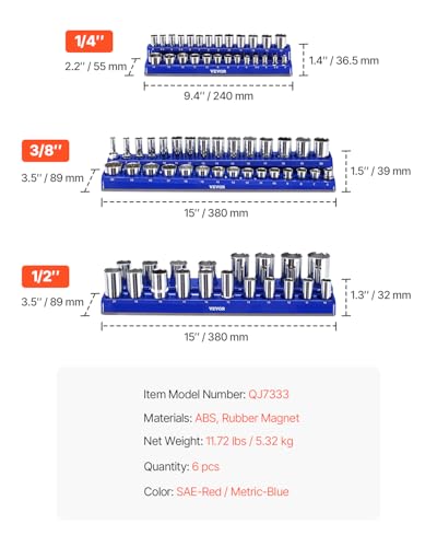 VEVOR Magnetic Socket Organizer Set, 6PCS Socket Holder, 1/4'', 3/8'' & 1/2'' Metric SAE Socket Trays with Clear Labels, Hold up to 143PCS Standard & Deep Sockets, Blue & Red (Sockets Not Included) - style: 6pcs Metric & SAE