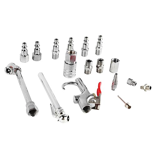 For Professional Maintenance and Cleaning - 17 Piece Air Compressor Accessory Kit with 1/4 Inch NPT Coupler and Plug Set - Includes Dual Foot Chuck, Blow Gun, Tire Gauge, and