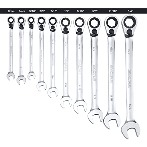 STARWORK TRUE MECHANIC™ 20 Pc. Reversible Ratcheting Wrench Set, Combination Ratchet Wrench Set, Non-Slip, Long Pattern, 6-Point 15° Offset, Professional, SAE/Metric (5/16-3/4" & 8-19 mm)