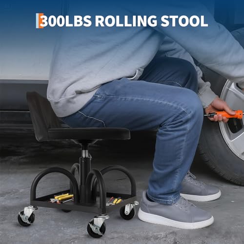Rolling Creeper Seat with Wheels, 300 Lbs Capacity, 16"-21" Height Adjustable Garage Mechanic Stool with Ergonomic Padded Seat & Tool Tray, Shop Stool for Auto Repair, Black - size: Model 3