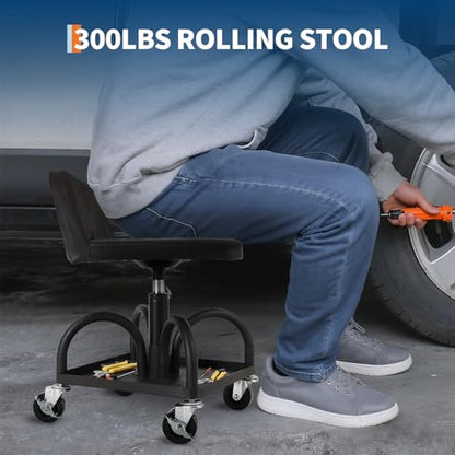 TrailBlaze Adjustable Rolling Mechanic Stool – 15.7"-25" Height, 300 lbs Capacity, Ergonomic Padded Seat, 3" Locking Swivel Wheels, Magnetic Tool Tray – Repair Stool | Load Capacity 300 lbs - color: Black, size: Advanced