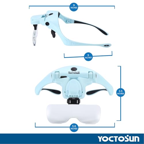YOCTOSUN Magnifying Glasses with Light for Close Work, Head Magnifier with 4 LED Lights and 5 Detachable Lenses 1X to 3.5X,Rechargeable Hands Free Headband Magnifier Glasses for Crafts, Hobby - color: Light Blue