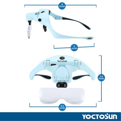 YOCTOSUN Magnifying Glasses with Light for Close Work, Head Magnifier with 4 LED Lights and 5 Detachable Lenses 1X to 3.5X,Rechargeable Hands Free Headband Magnifier Glasses for Crafts, Hobby - color: Light Blue