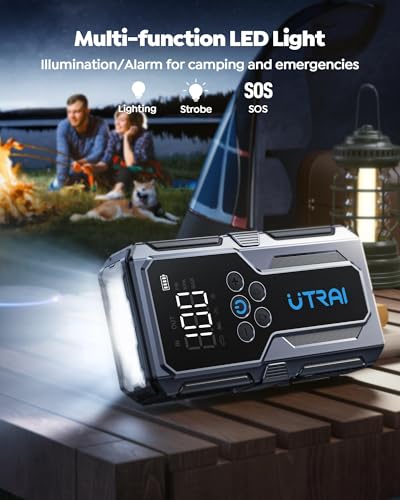 UTRAI Jump Starter with Air Compressor, 4000A Battery Jumper Starter Portable with 150PSI Tire Inflator, 18W Fast Charge, Emergency Light, 12V Jump Box for 8.5L Gas & 6.5L Diesel Engines, Storage Case