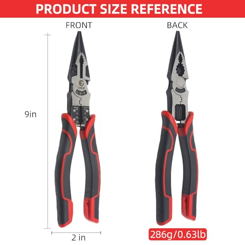6-in-1 Needle Nose Pliers, 9" Multipurpose Long Nose Pliers with Wire Stripper/Crimper/Cutter Function, Heavy Duty Multifunctional Electrician Pliers for Crimping, Stripping, Shearing,etc.