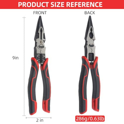6-in-1 Needle Nose Pliers, 9" Multipurpose Long Nose Pliers with Wire Stripper/Crimper/Cutter Function, Heavy Duty Multifunctional Electrician Pliers for Crimping, Stripping, Shearing,etc.