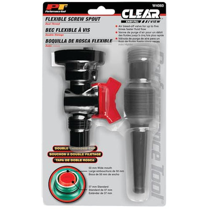 Performance Tool W4060 Flexible Funnel Spout - Mess-Free Fluid Transfer, Double-Threaded Cap, Air Bleed-Off Valve
