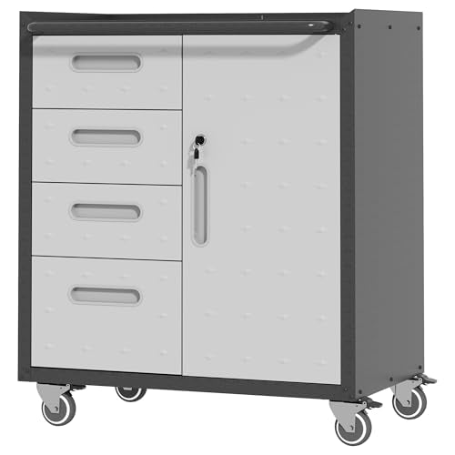 Metal Storage Cabinet for Garage, Tool Cabinet, Utility Cabinet | Wheeled, Rolling Tool Cabinet, 4 Drawers, 1 Door Lockable, Top Countertop, Assembly Required, Black & Grey - color: Black & Grey