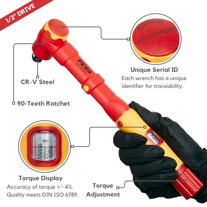 FESA Electrician Insulated Torque Wrench - (1/2" Drive, 10-50 Nm Range) | 1000V Wrench w/Easy Torque Adjustment & Scale Display - Each Insulated Wrench Has ID for Traceability - style: 1/2" Drive, 10-50 Nm Range