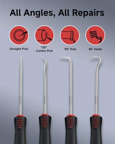 4-Piece Pick Set Mechanic, Automotive Hook and Pick Set with Soft Grip & Non-Slip Shaft, Precision Pick Tool & O Ring Pick for Oil Seal, Gasket, Electronics Repair Hose Repair Kits