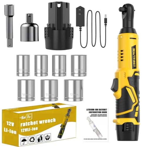 Cordless Electric Ratchet Wrench Set, Brushless Motor, 12V Cordless Ratchet Tool Kit, for automotive repair of bolts and nuts, angled chargeable wrench. (yellow1b) - color: Yellow1b