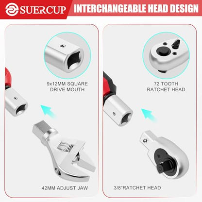 SUERCUP 9x12 mm Adjustable Digital Torque Wrench, 0.66-44.29Ft.Lb/0.9-60N.m | Interchangeable Open End Head 42mm Jaw & 3/8" Ratchet, Vibration/Buzzer/LED Alert, for Split AC, HVAC, Bike & Moto Repair - size: 0.66-44.29Ft.Lb/0.9-60N.m(9x12 mm)