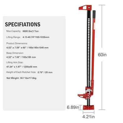 60" Ratcheting Off Road Utility Farm Jack - 3 Ton (6,000 Lbs) Capacity, Floor Jack Lifting Range of 5.12 Inch to 55 Inch Ideal for Car, Truck, ATV, and SUV Use
