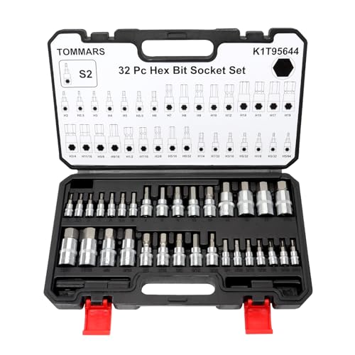 TOMMARS 32-PC Master Allen Hex Bit Socket Set, SAE & Metric | 1/4", 3/8", 1/2" Drive, 5/64 - 3/4 & H2 - H19, S2 Steel - style: Hex Bit Socket Set(32PCS)