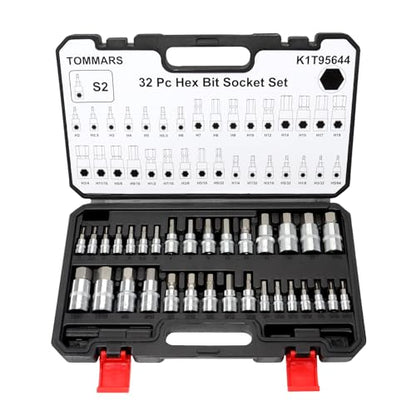 TOMMARS 32-PC Master Allen Hex Bit Socket Set, SAE & Metric | 1/4", 3/8", 1/2" Drive, 5/64 - 3/4 & H2 - H19, S2 Steel - style: Hex Bit Socket Set(32PCS)