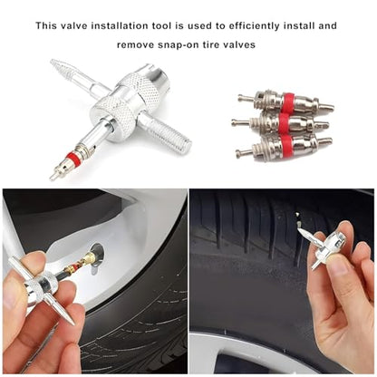 4-Way Valve Core Tool, 4-in-1 Valve Stem Removal Tool Car Tire Repair Wrench, Multifunctional 4 Way Tyre Valves Stem Remover/Installer for Sedans Bicycles Motorcycles